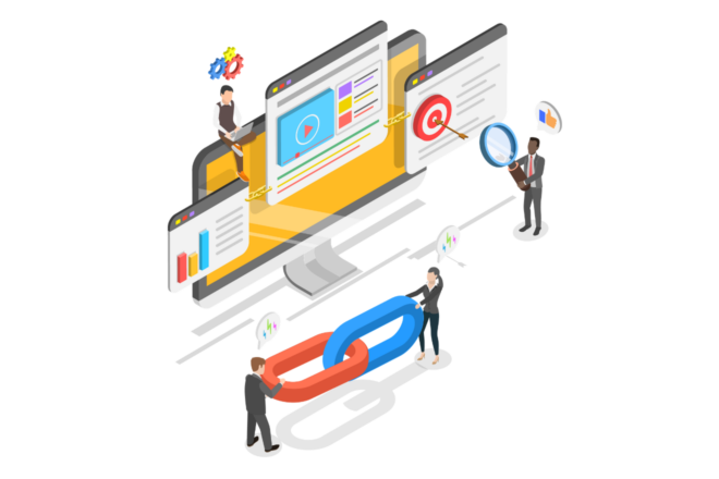 3D Isometric Flat Illustration of Link Building, Mobile Applications Marketing